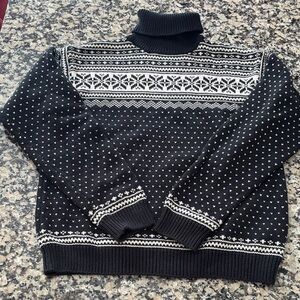 L.L. Bean Fair Isle Nordic Ski Turtleneck Knit Sweater Black White cotton SzS